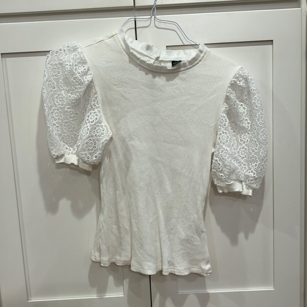 White puff sleeve eyelet top